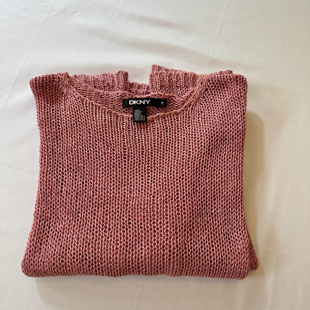 DKNY Open Knit Light Weight Sweater %100 Cotton Pink Long sleeve Size P